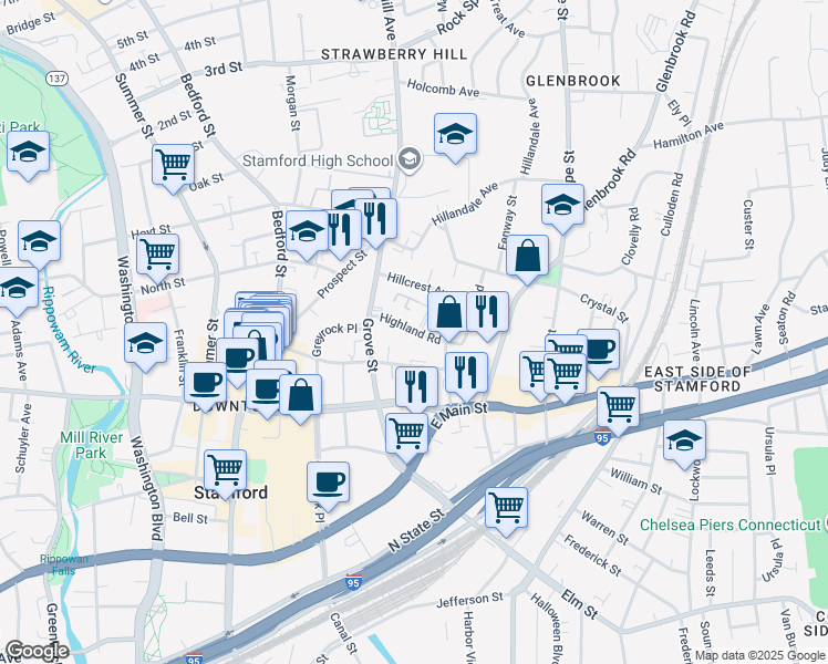 map of restaurants, bars, coffee shops, grocery stores, and more near 47 Highland Road in Stamford