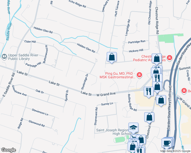 map of restaurants, bars, coffee shops, grocery stores, and more near 99 Buckhaven Hill in Upper Saddle River