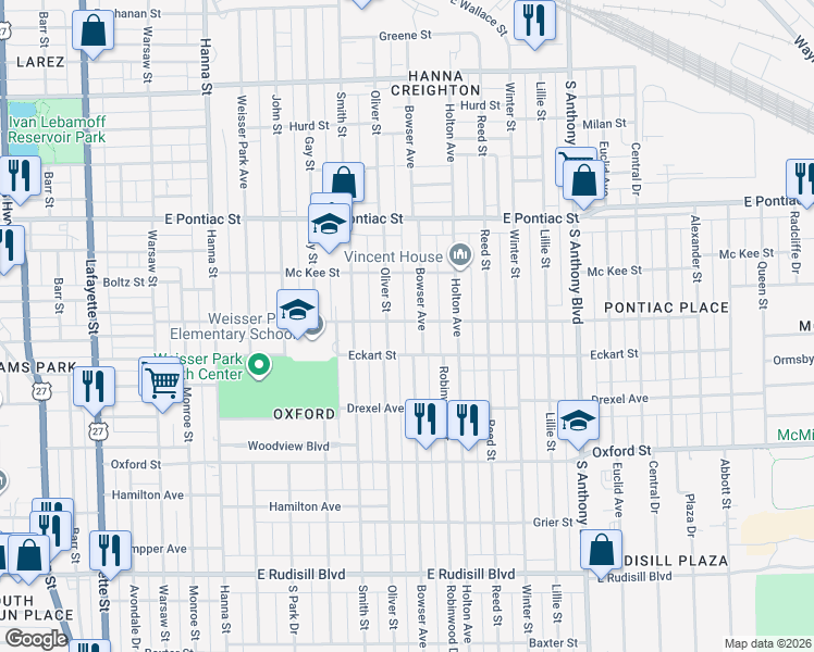 map of restaurants, bars, coffee shops, grocery stores, and more near 2940 Bowser Avenue in Fort Wayne