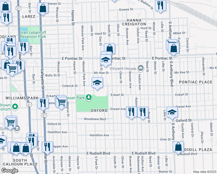 map of restaurants, bars, coffee shops, grocery stores, and more near 1024 Colerick Street in Fort Wayne
