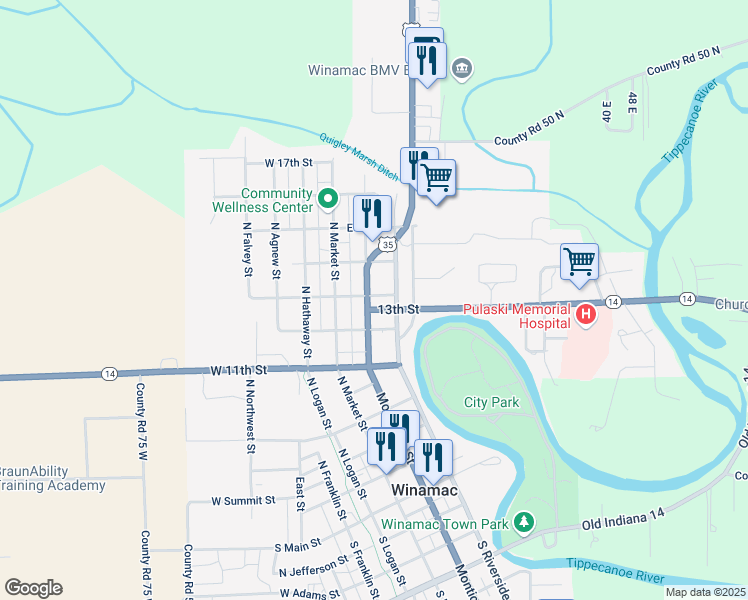 map of restaurants, bars, coffee shops, grocery stores, and more near 715 North Monticello Street in Winamac