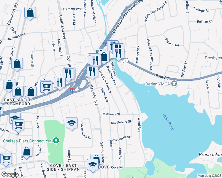 map of restaurants, bars, coffee shops, grocery stores, and more near 71 Waterbury Avenue in Stamford