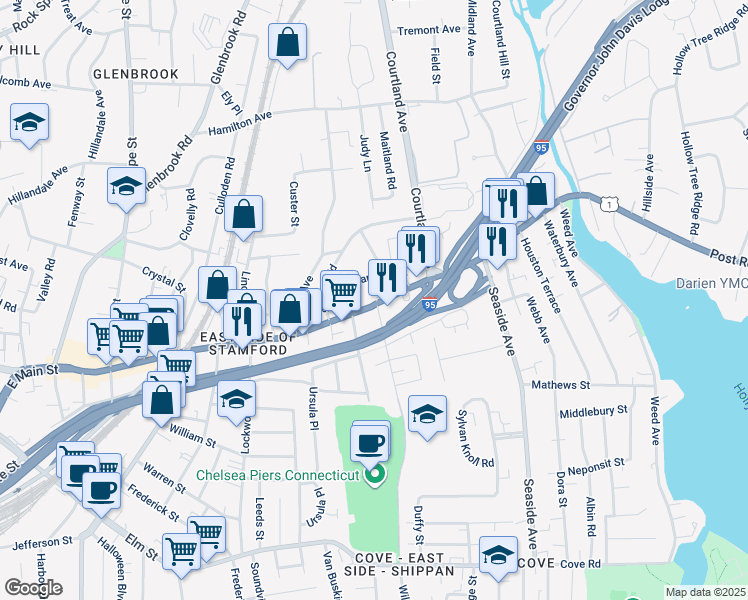 map of restaurants, bars, coffee shops, grocery stores, and more near 29 Standish Road in Stamford