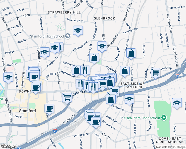 map of restaurants, bars, coffee shops, grocery stores, and more near 77 Glenbrook Road in Stamford