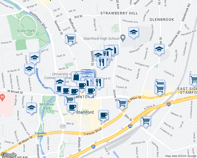 map of restaurants, bars, coffee shops, grocery stores, and more near 77 Prospect Street in Stamford