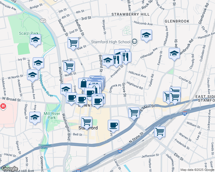 map of restaurants, bars, coffee shops, grocery stores, and more near 77 Prospect Street in Stamford
