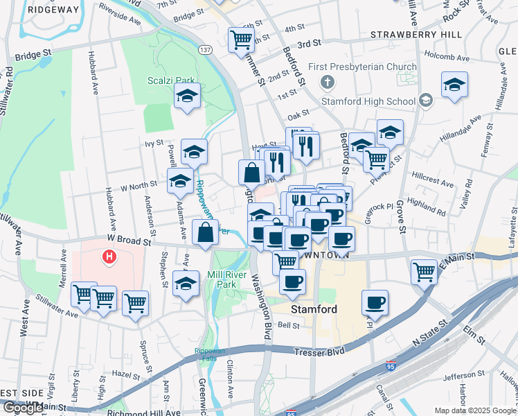 map of restaurants, bars, coffee shops, grocery stores, and more near 1351 Washington Boulevard in Stamford