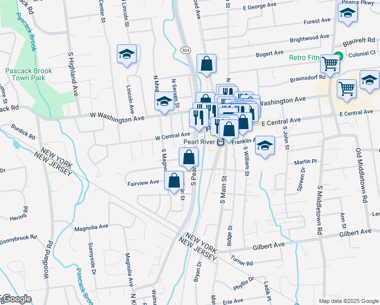 map of restaurants, bars, coffee shops, grocery stores, and more near 18 South Serven Street in Pearl River