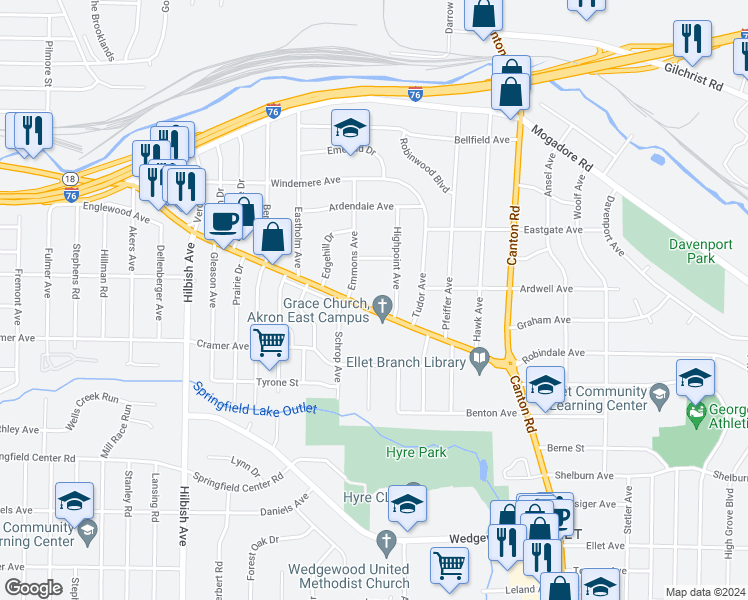 map of restaurants, bars, coffee shops, grocery stores, and more near 2322 Jack Avenue in Akron