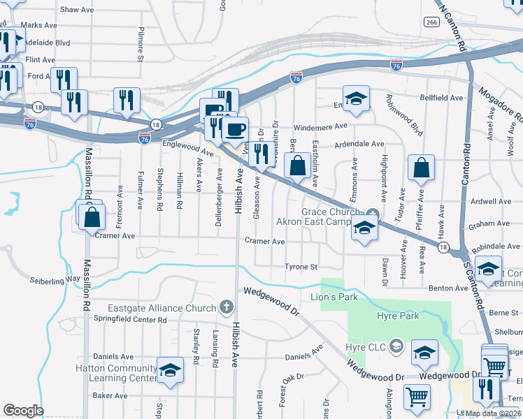 map of restaurants, bars, coffee shops, grocery stores, and more near 176 Prairie Drive in Akron