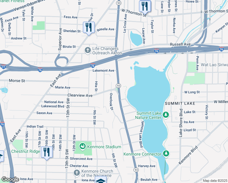 map of restaurants, bars, coffee shops, grocery stores, and more near 667 Clearview Avenue in Akron