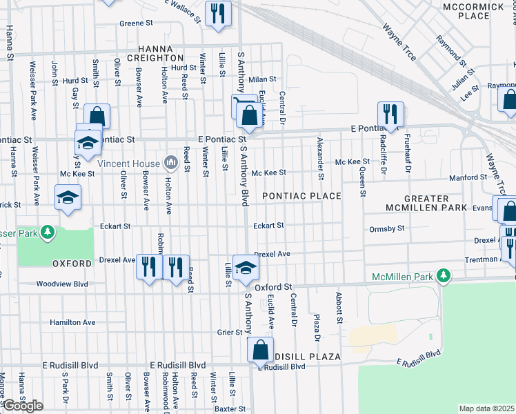 map of restaurants, bars, coffee shops, grocery stores, and more near 2940 Euclid Avenue in Fort Wayne