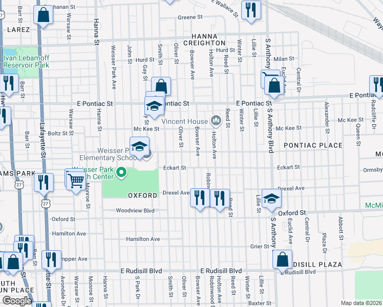 map of restaurants, bars, coffee shops, grocery stores, and more near 2940 Bowser Avenue in Fort Wayne