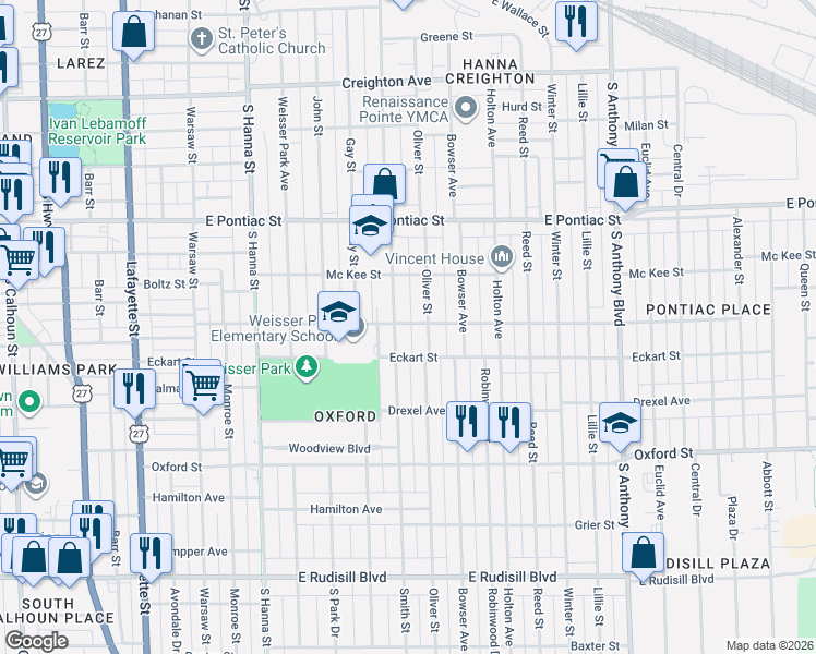 map of restaurants, bars, coffee shops, grocery stores, and more near 1121 Colerick Street in Fort Wayne
