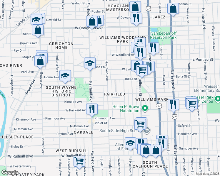 map of restaurants, bars, coffee shops, grocery stores, and more near 2916 Shawnee Drive in Fort Wayne
