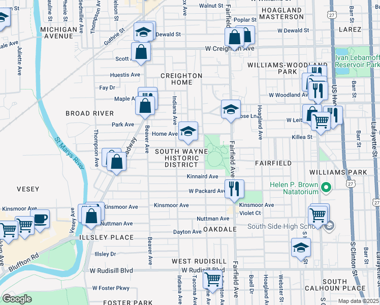 map of restaurants, bars, coffee shops, grocery stores, and more near 810 Cottage Avenue in Fort Wayne