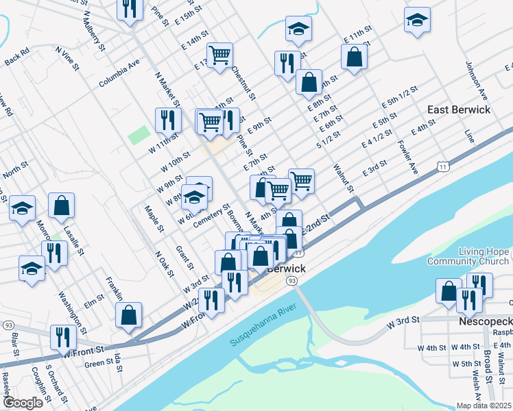 map of restaurants, bars, coffee shops, grocery stores, and more near 344 Market Street in Bloomsburg