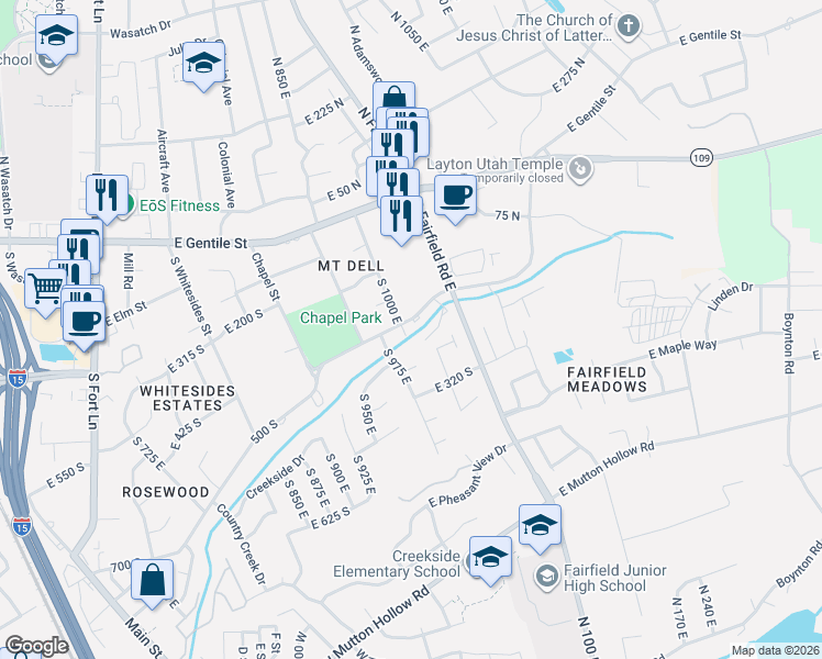 map of restaurants, bars, coffee shops, grocery stores, and more near 1090 Rosewood Lane in Layton
