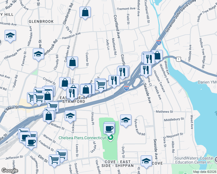 map of restaurants, bars, coffee shops, grocery stores, and more near 29 Standish Road in Stamford