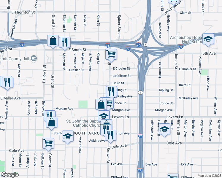 map of restaurants, bars, coffee shops, grocery stores, and more near 887 Brown Street in Akron