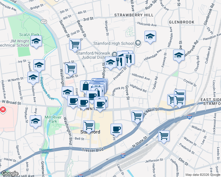 map of restaurants, bars, coffee shops, grocery stores, and more near 77 Prospect Street in Stamford