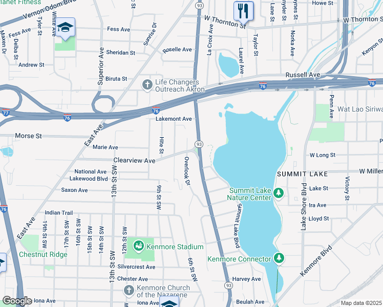 map of restaurants, bars, coffee shops, grocery stores, and more near 667 Clearview Avenue in Akron