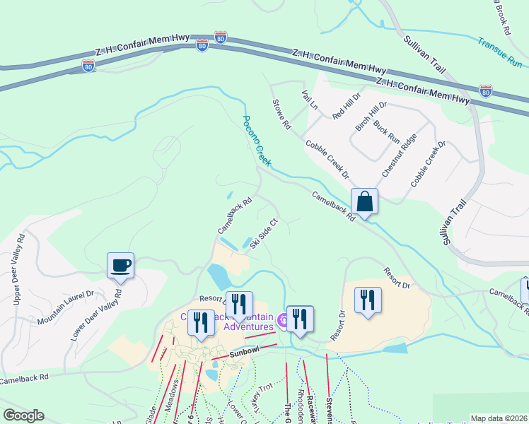 map of restaurants, bars, coffee shops, grocery stores, and more near 1 Camelback Road in Tannersville