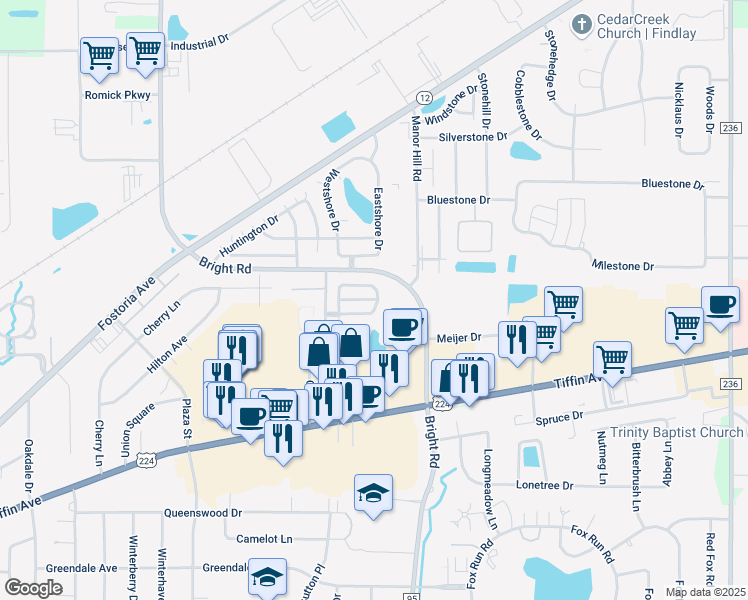 map of restaurants, bars, coffee shops, grocery stores, and more near 1327 Chateau Circle in Findlay