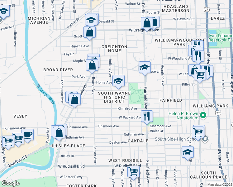 map of restaurants, bars, coffee shops, grocery stores, and more near 809 Cottage Avenue in Fort Wayne