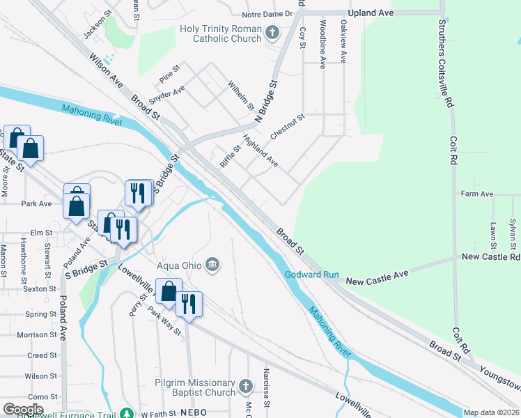 map of restaurants, bars, coffee shops, grocery stores, and more near 282 Broad Street in Struthers