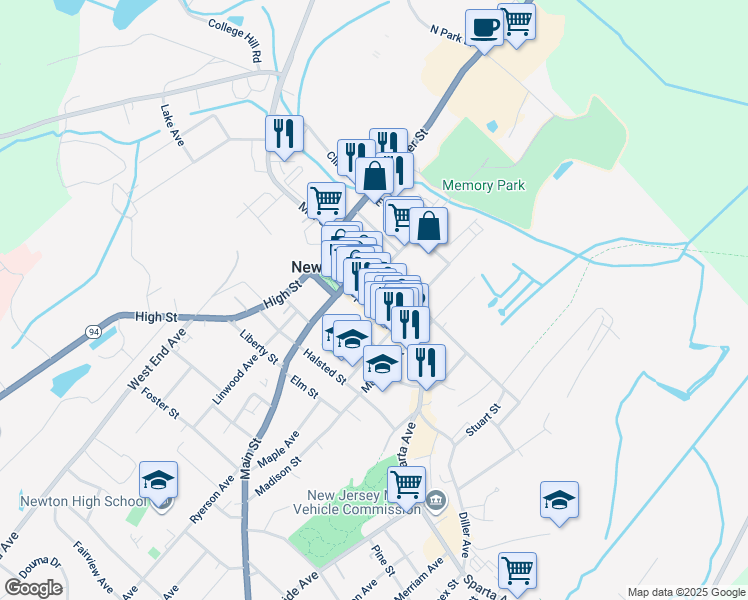 map of restaurants, bars, coffee shops, grocery stores, and more near 145 Spring Street in Newton