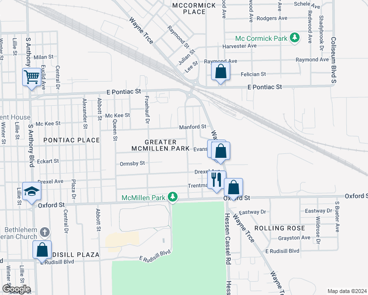 map of restaurants, bars, coffee shops, grocery stores, and more near 3116 Adams Street in Fort Wayne