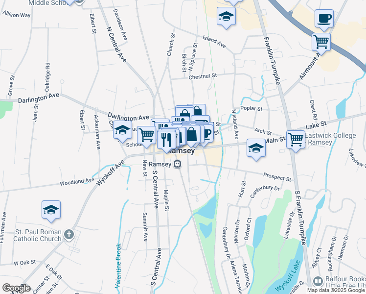 map of restaurants, bars, coffee shops, grocery stores, and more near 37 Church Street in Ramsey