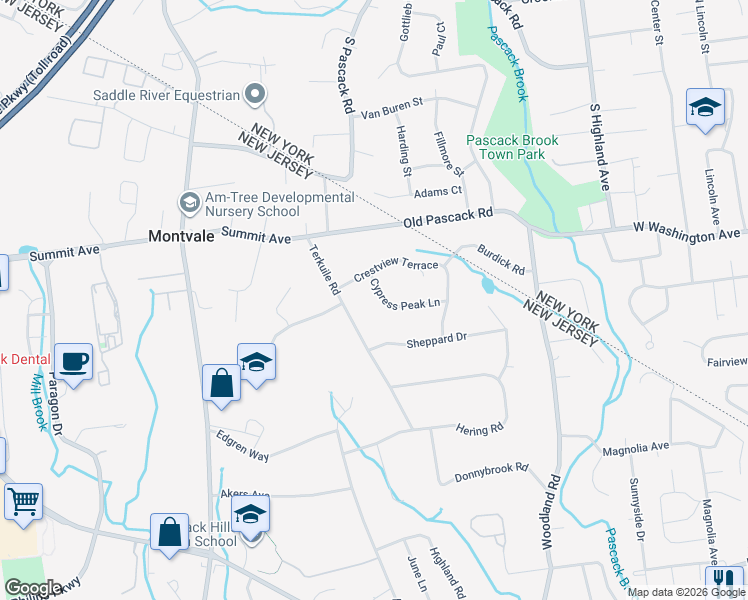 map of restaurants, bars, coffee shops, grocery stores, and more near 20 Cypress Peak Lane in Montvale
