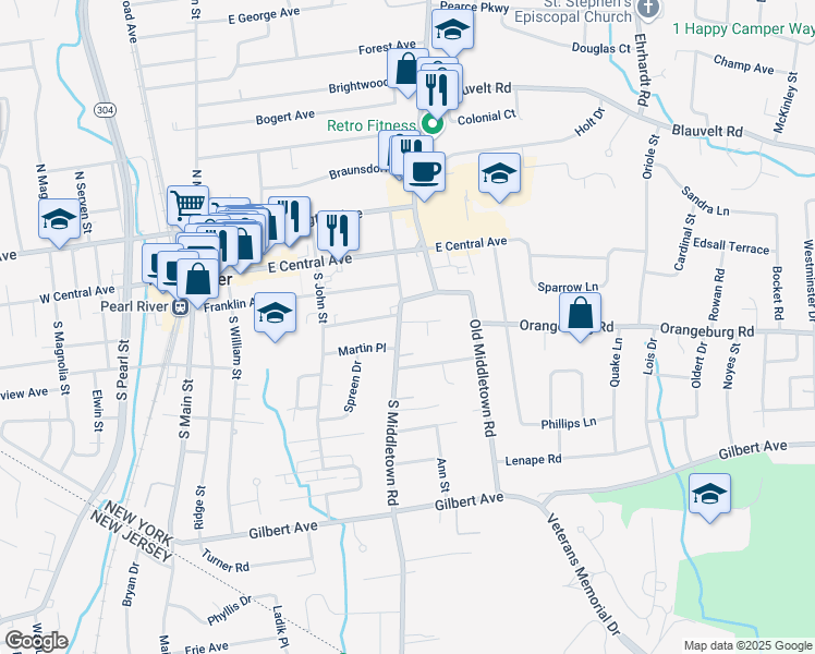 map of restaurants, bars, coffee shops, grocery stores, and more near 15 Hilltop Drive in Pearl River