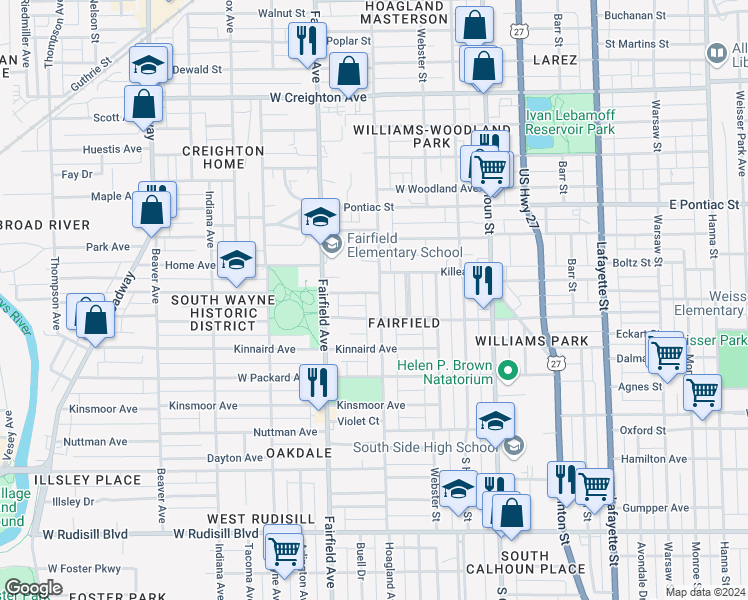 map of restaurants, bars, coffee shops, grocery stores, and more near 414 Downing Avenue in Fort Wayne