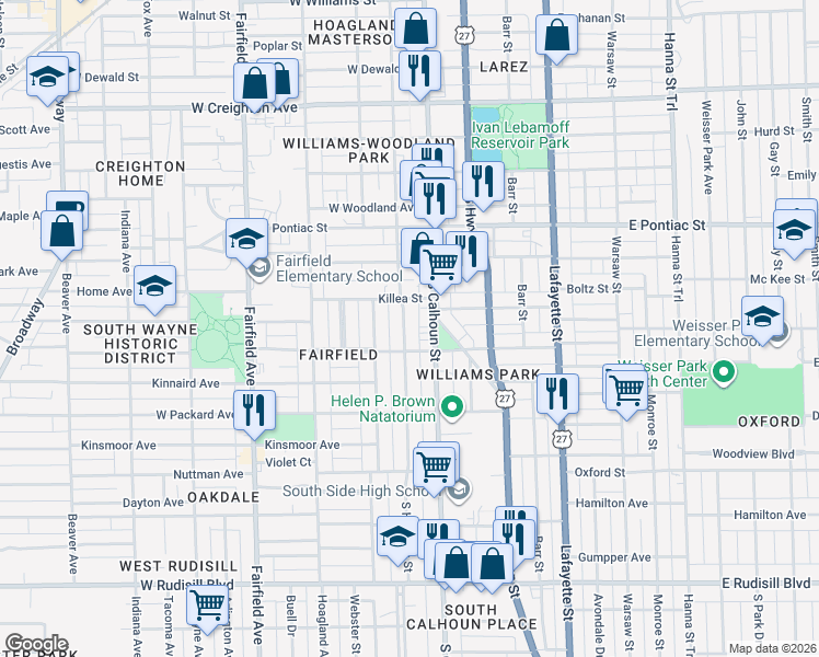 map of restaurants, bars, coffee shops, grocery stores, and more near 2919 South Harrison Street in Fort Wayne