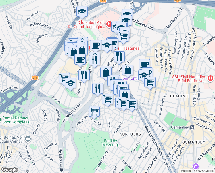 map of restaurants, bars, coffee shops, grocery stores, and more near 50-52 Akar Caddesi in Şişli