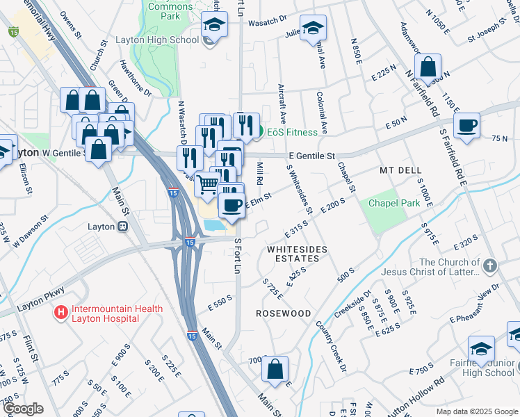 map of restaurants, bars, coffee shops, grocery stores, and more near 457 East Elm Street in Layton