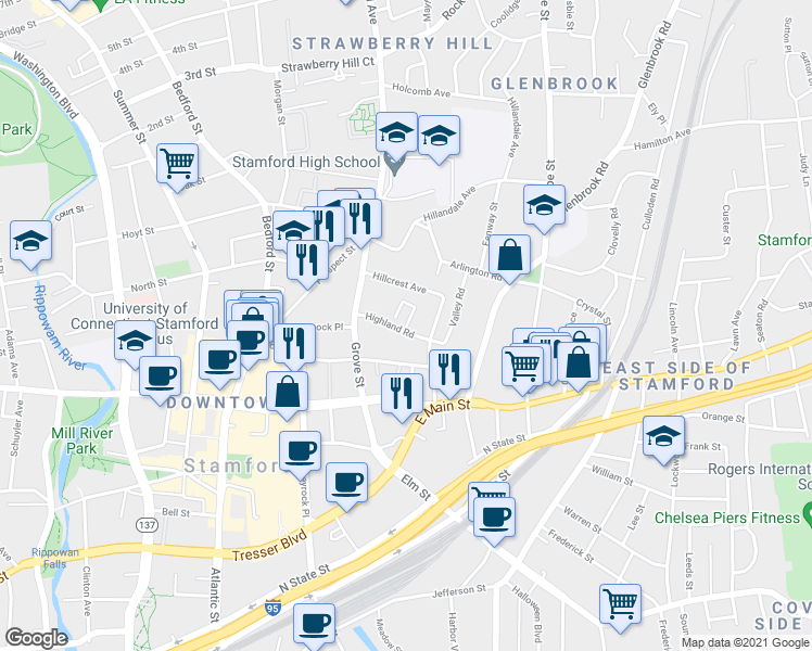 map of restaurants, bars, coffee shops, grocery stores, and more near 8 Terrace Place in Stamford