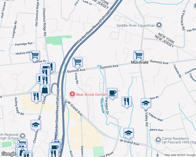 map of restaurants, bars, coffee shops, grocery stores, and more near 8 Bittersweet Terrace in Montvale