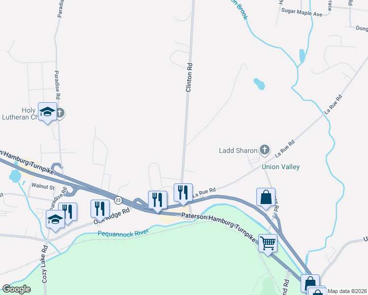 map of restaurants, bars, coffee shops, grocery stores, and more near 50 Clinton Road in West Milford