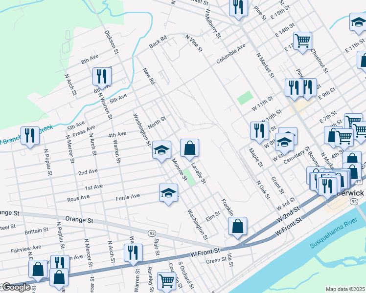 map of restaurants, bars, coffee shops, grocery stores, and more near 815 Lasalle Street in Berwick