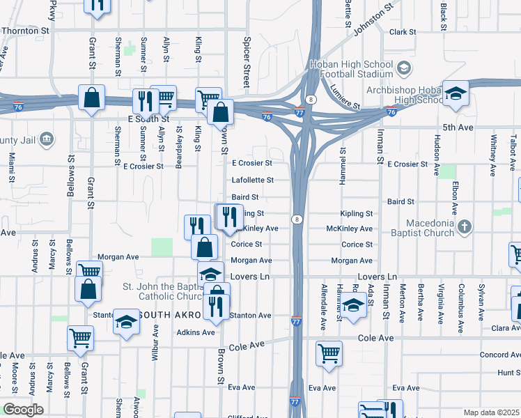 map of restaurants, bars, coffee shops, grocery stores, and more near 604 Baird Street in Akron