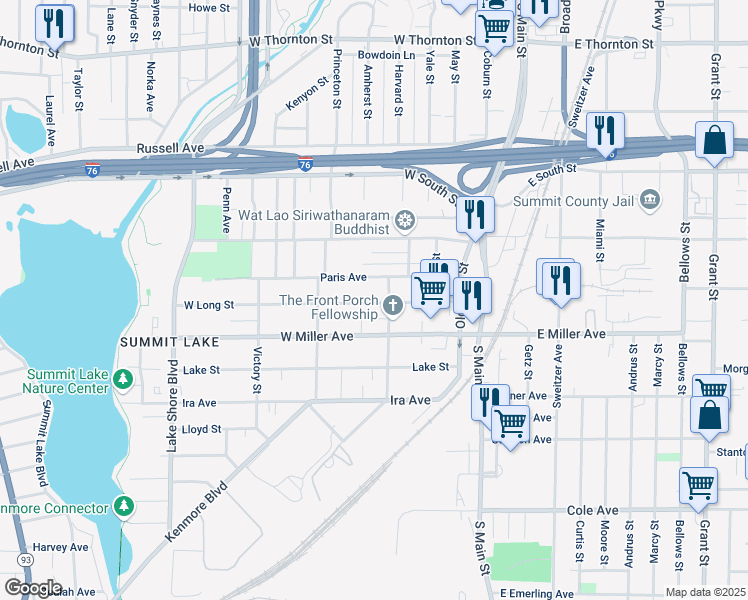 map of restaurants, bars, coffee shops, grocery stores, and more near 96 Paris Avenue in Akron