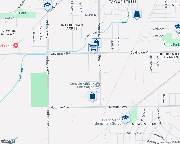 map of restaurants, bars, coffee shops, grocery stores, and more near 2901 Rousseau Avenue in Fort Wayne