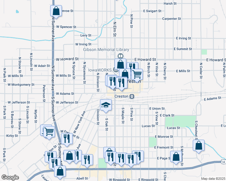 map of restaurants, bars, coffee shops, grocery stores, and more near 109 North Elm Street in Creston