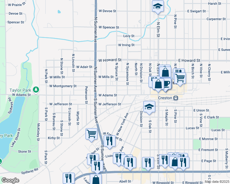 map of restaurants, bars, coffee shops, grocery stores, and more near 153-199 North Spruce Street in Creston
