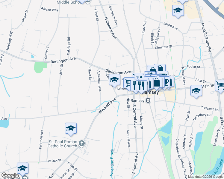 map of restaurants, bars, coffee shops, grocery stores, and more near 25 Cherry Lane in Ramsey