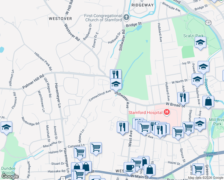 map of restaurants, bars, coffee shops, grocery stores, and more near 4 Connecticut Avenue in Stamford